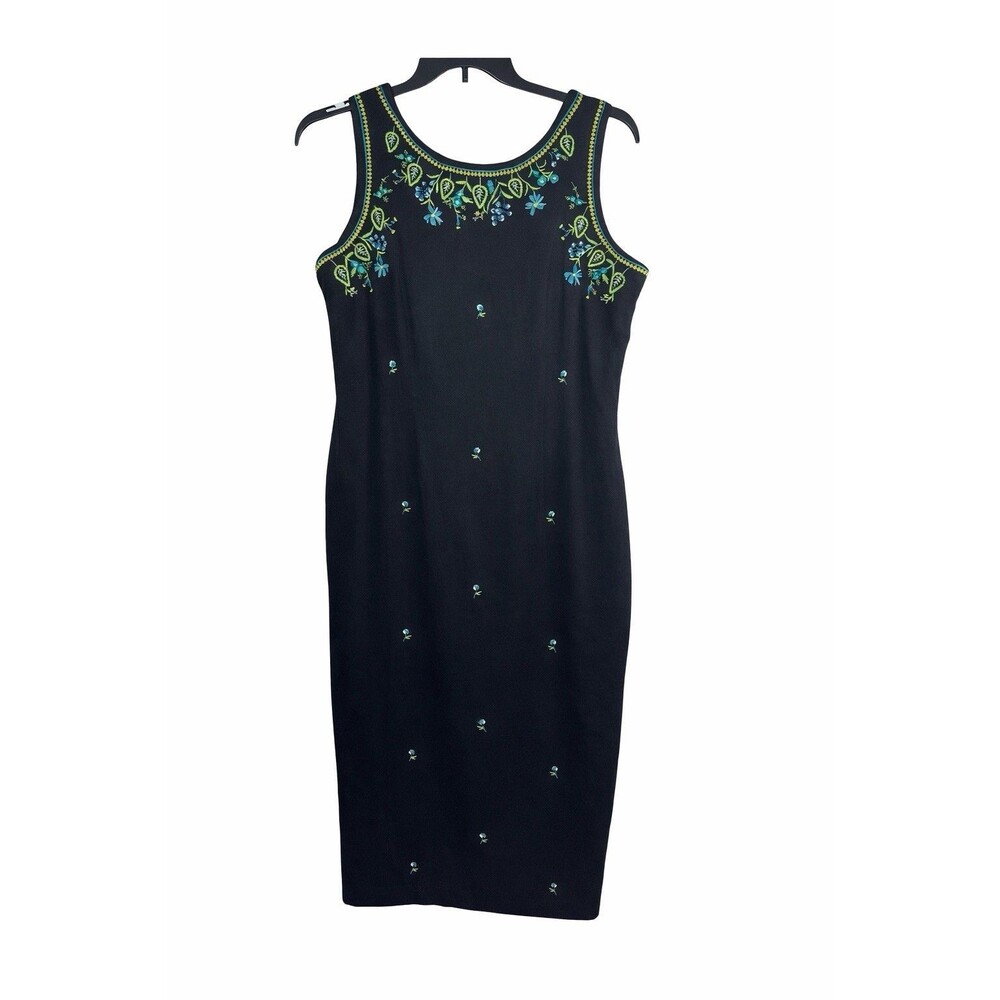 VTG Ultra Dress New York 14 Black Embroidered Linen Blend Sleeveless Sheath Midi
